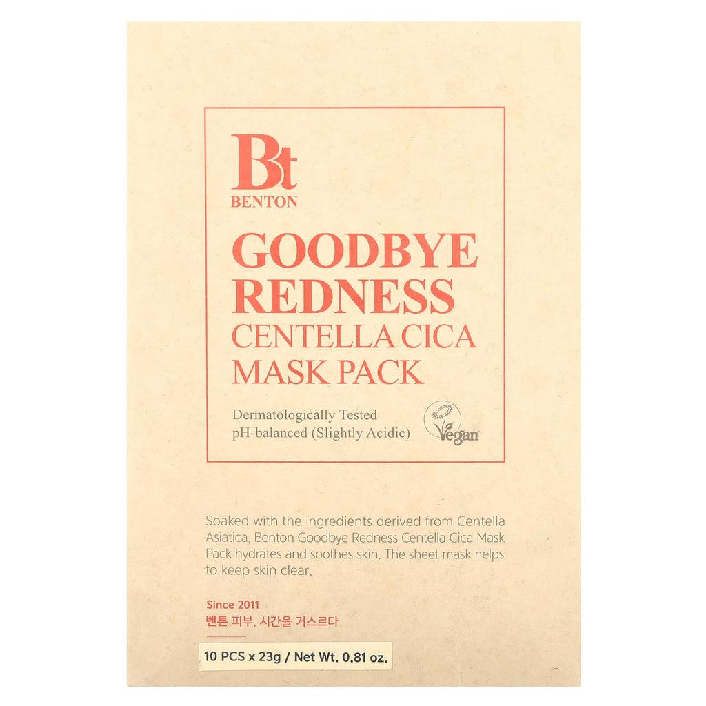 Benton, Goodbye Redness Centella Cica Beauty Mask Pack, 10 Sheets, 0.81 oz (23 g) Each