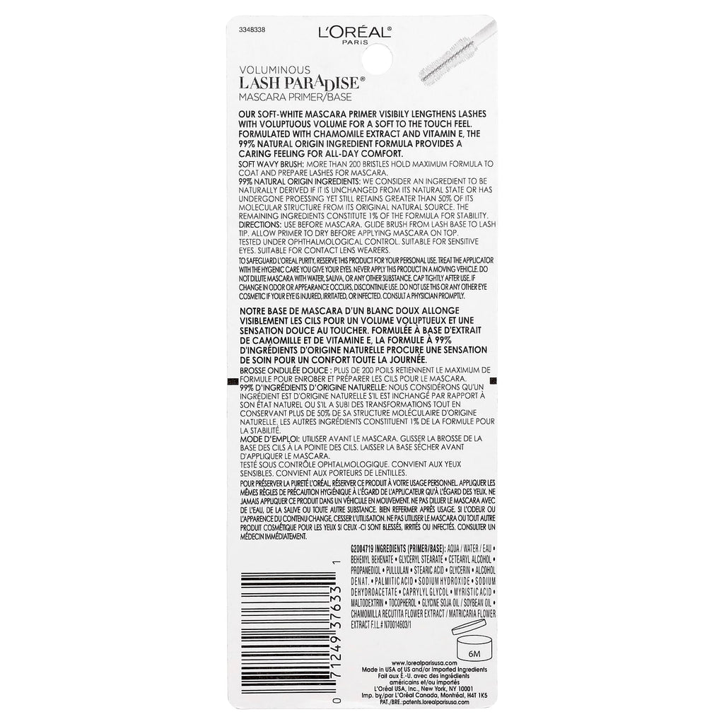 L'Oréal, Voluminous Lash Paradise™ Primer/Base, 250 Soft White, 0.27 fl oz (8 ml)