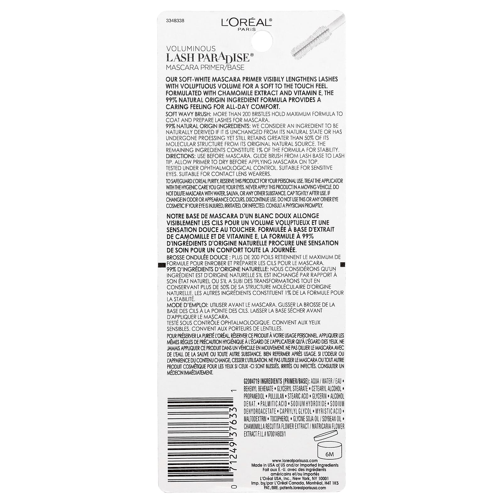 L'Oréal, Voluminous Lash Paradise™ Primer/Base, 250 Soft White, 0.27 fl oz (8 ml)