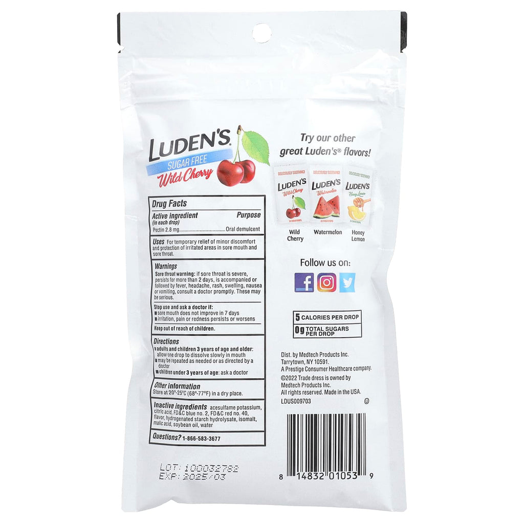 Luden's, Pectin Lozenge/Oral Demulcent, Sugar-Free, Wild Cherry, 25 Throat Drops