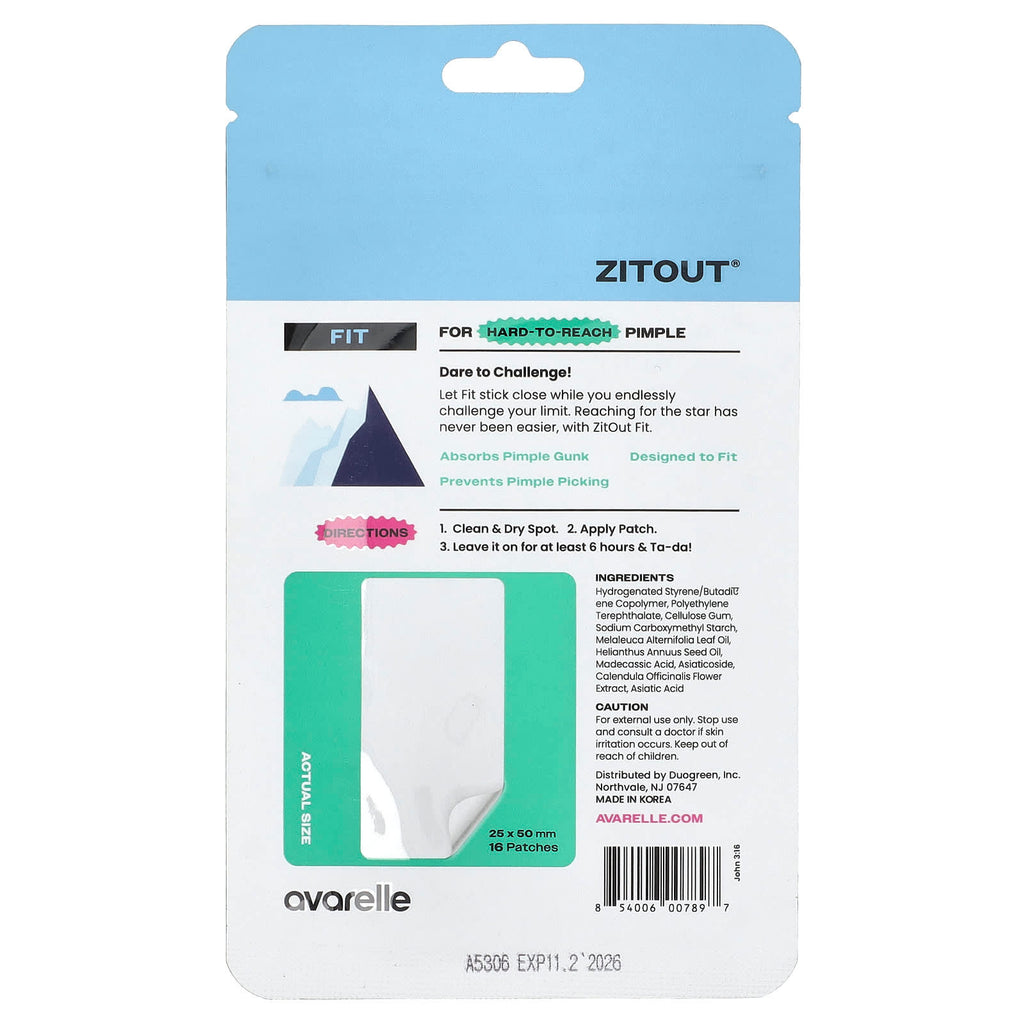 Avarelle, Zitout® Fit, Translucent Hydrocolloid Patch, 16 Patches