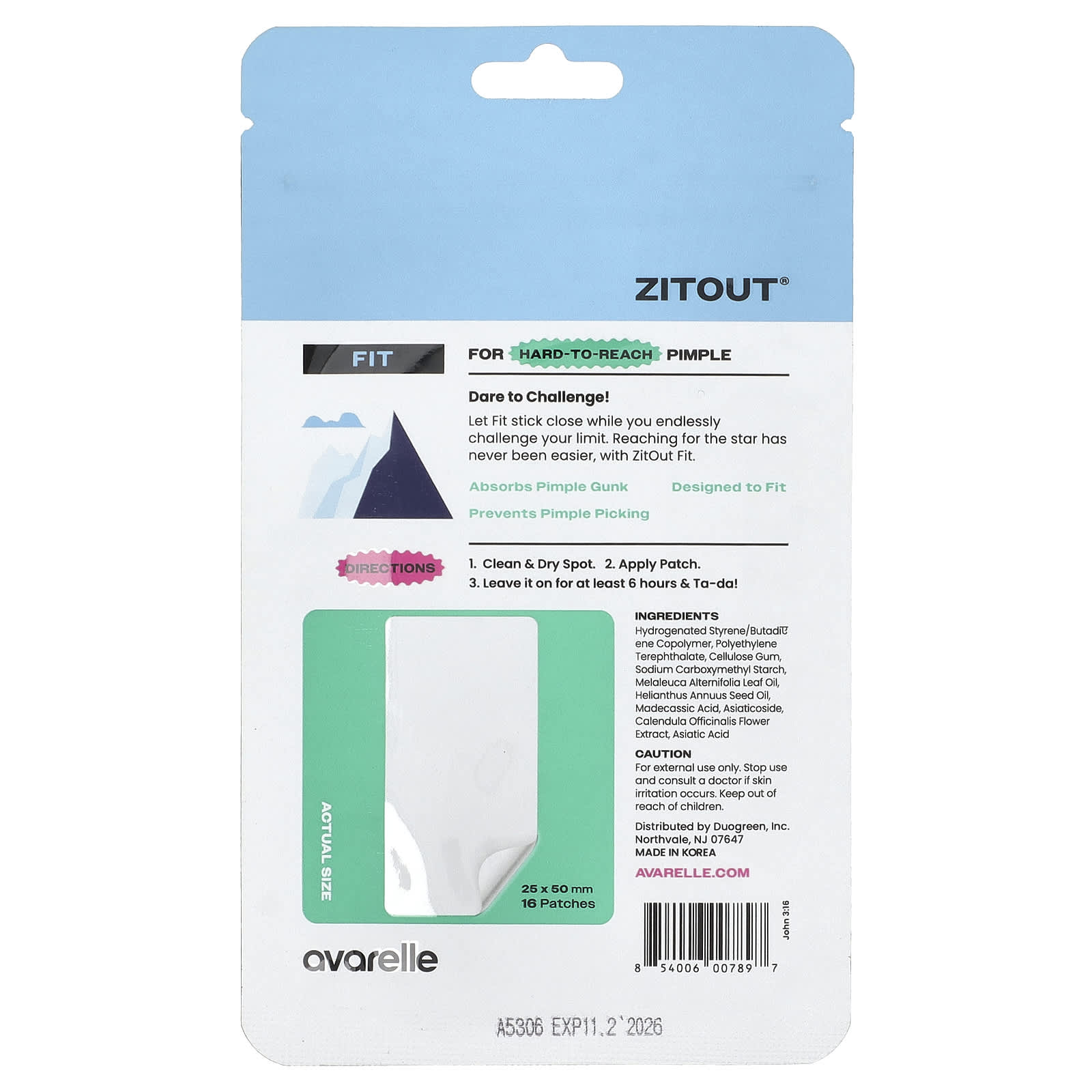 Avarelle, Zitout® Fit, Translucent Hydrocolloid Patch, 16 Patches