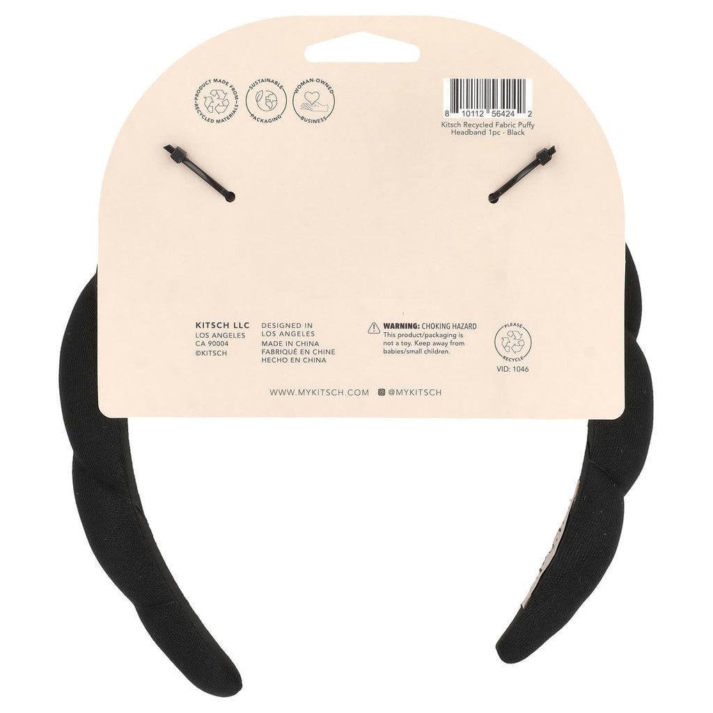 Kitsch, Recycled Fabric Puffy Headband, Black, 1 Headband
