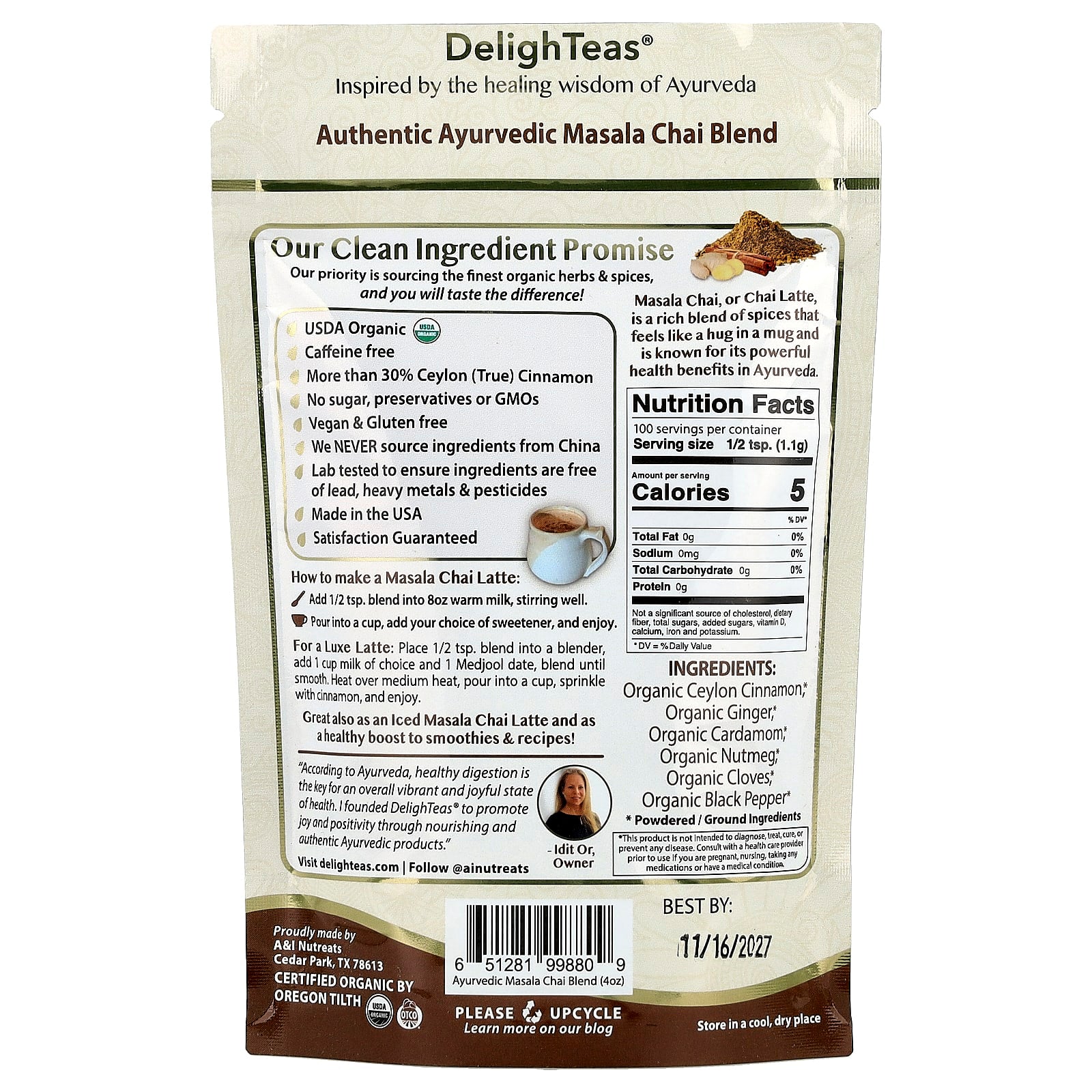 DelighTeas, Ayurvedic Masala Chai Blend, Caffeine Free, 4 oz (113 g)