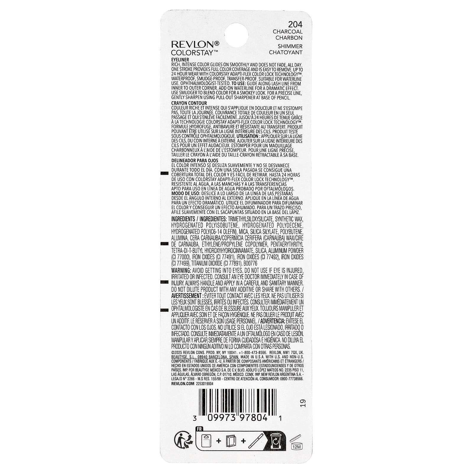Revlon, Colorstay™, Eyeliner Pencil, Shimmer, 204 Charcoal, 0.01 oz (0.28 g)
