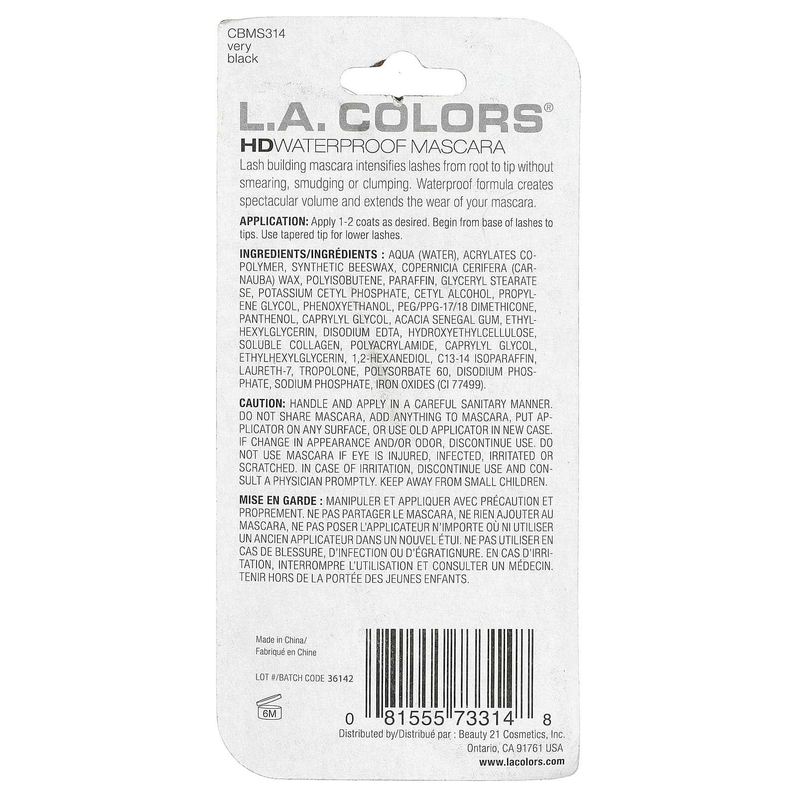 L.A. Colors, HD Waterproof Mascara, CBMS314 Very Black, 0.43 fl oz (13 ml)
