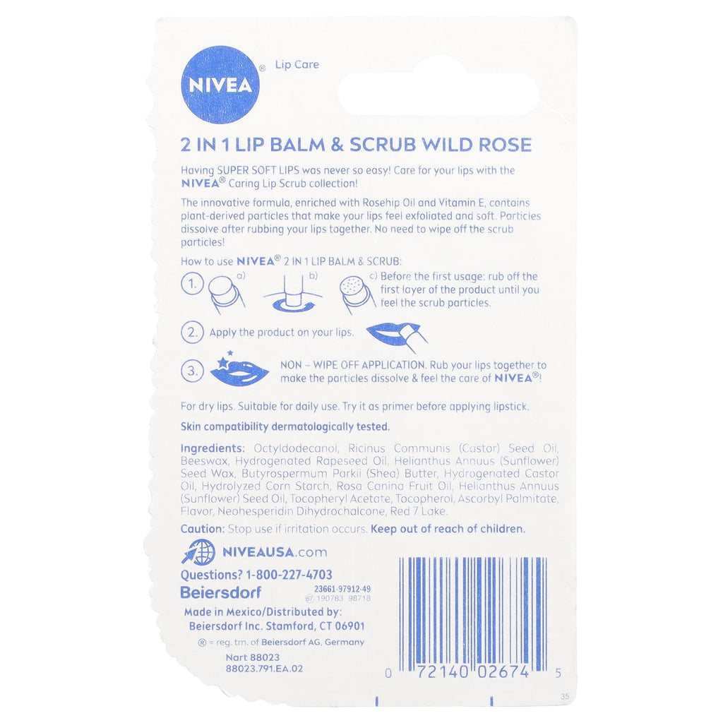 Nivea, 2 In 1 Lip Balm & Scrub, Wild Rose, 0.17 oz (4.8 g)
