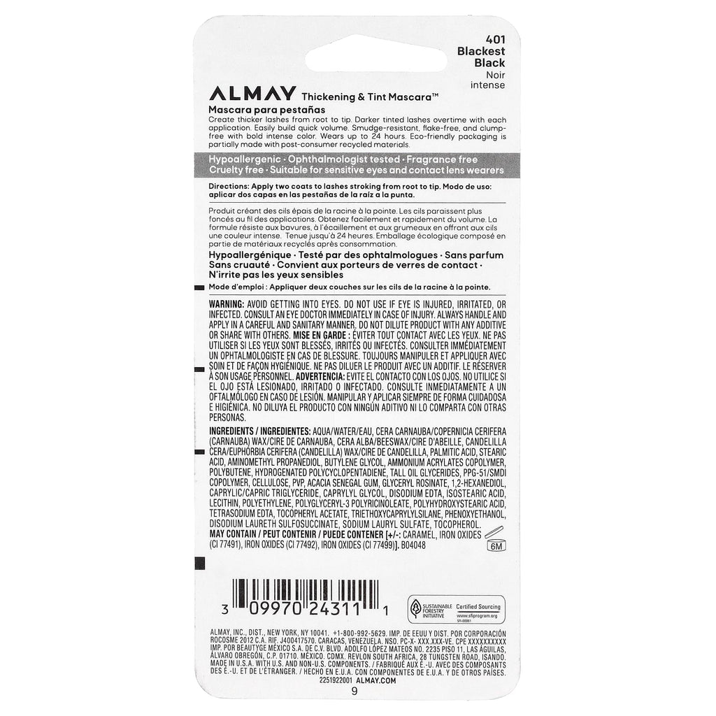 Almay, Thickening & Tint Mascara™, 401 Blackest Black, 0.28 fl oz (8.3 ml)