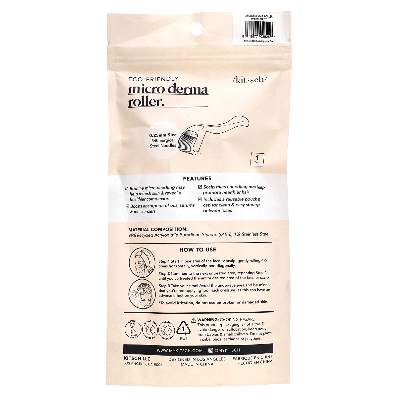 Kitsch, Micro Derma Roller, Warm Gray, 1 Pack