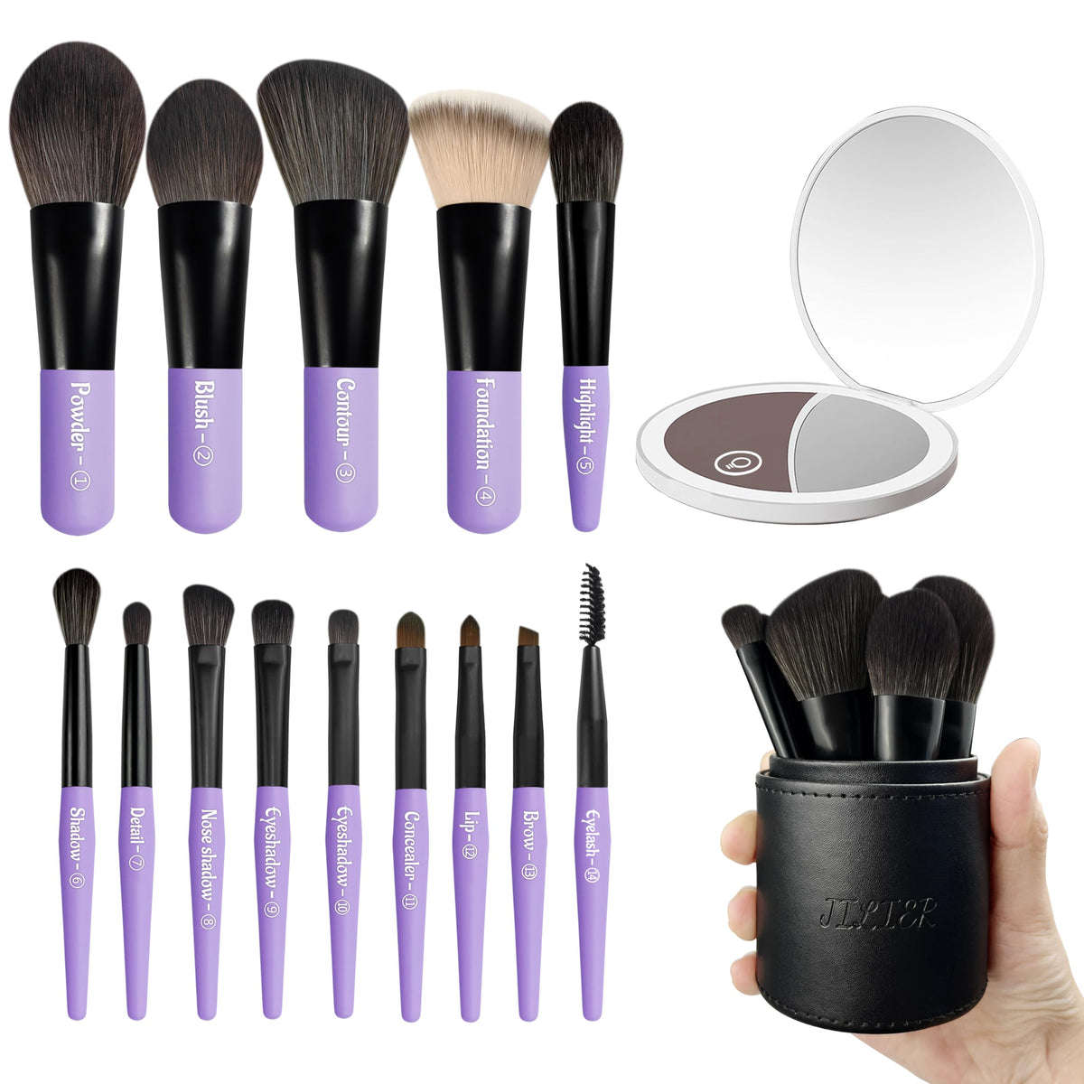 Jilier 14-Piece Mini Travel Makeup Brush Set with Case