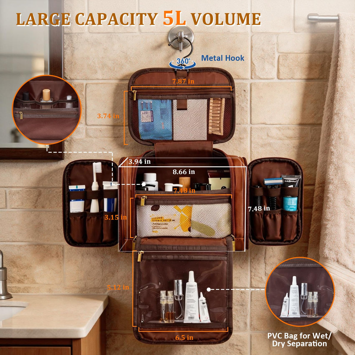 Aganmi Personalized Men's Large PU Leather Hanging Toiletry Bag