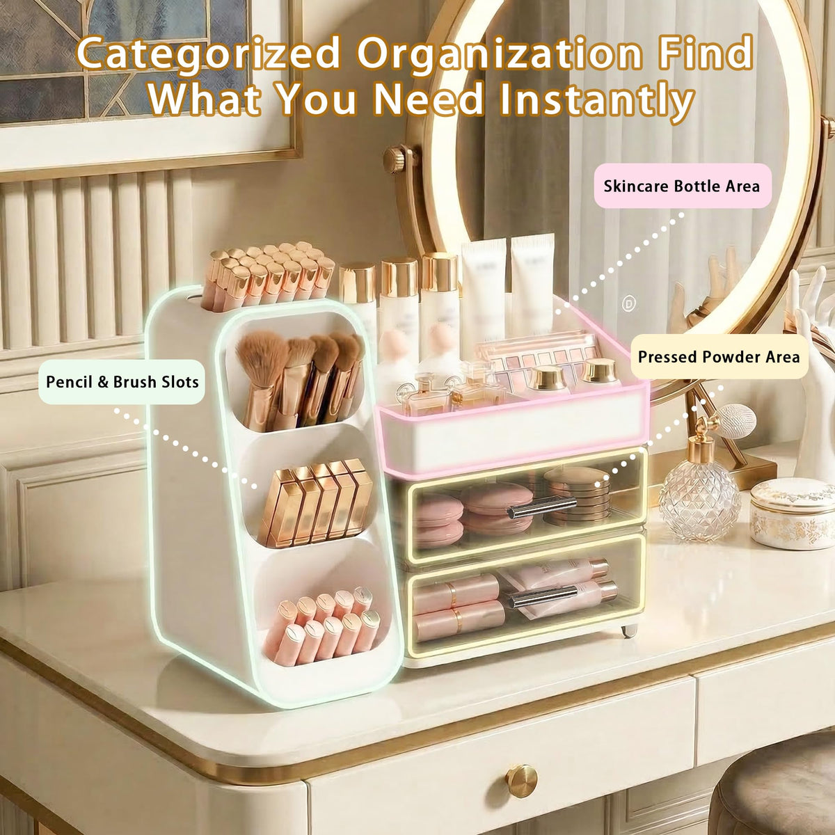 Large Capacity Makeup Organizer with Brush Holder for Vanity