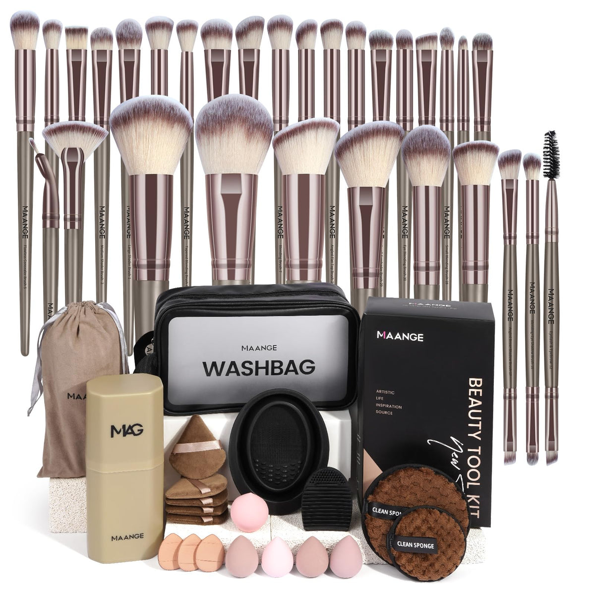 MAANGE 51-Piece Makeup Brush Set with Sponges and Puffs
