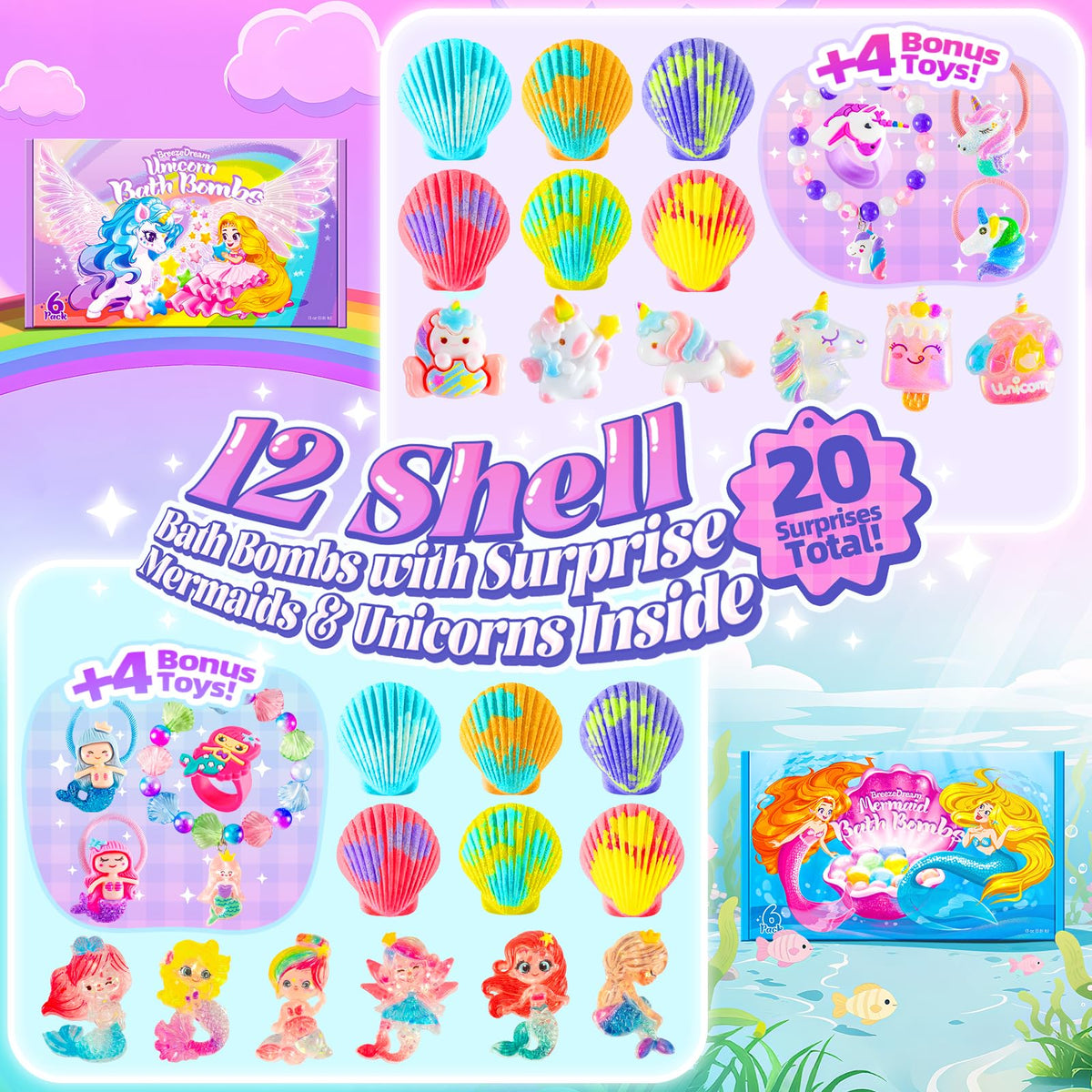 12-Pack Shell Bath Bombs with Mermaid & Unicorn Surprise Toys