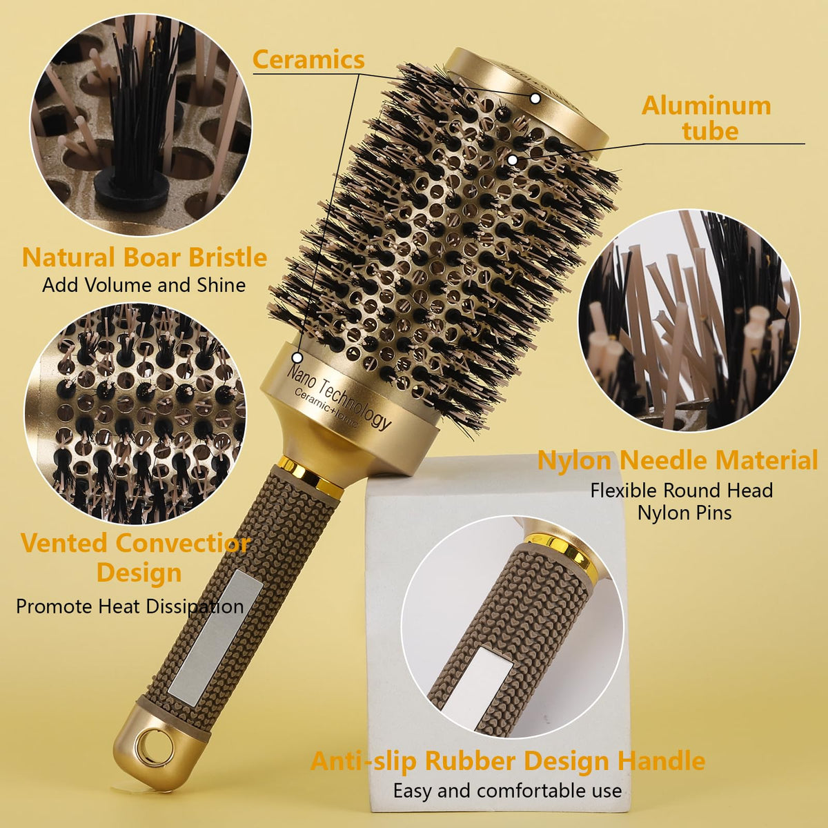 Boar Bristle Ceramic Ionic Round Hair Brush for Blow Drying