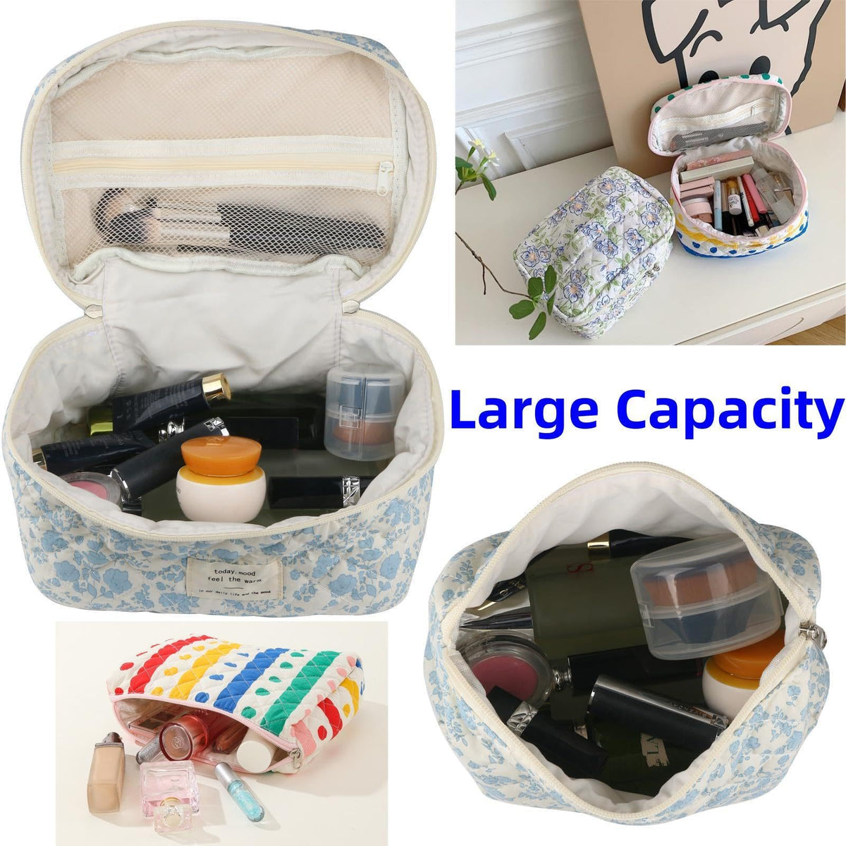Fcteap 2-Piece Quilted Cotton Cosmetic and Toiletry Bag Set