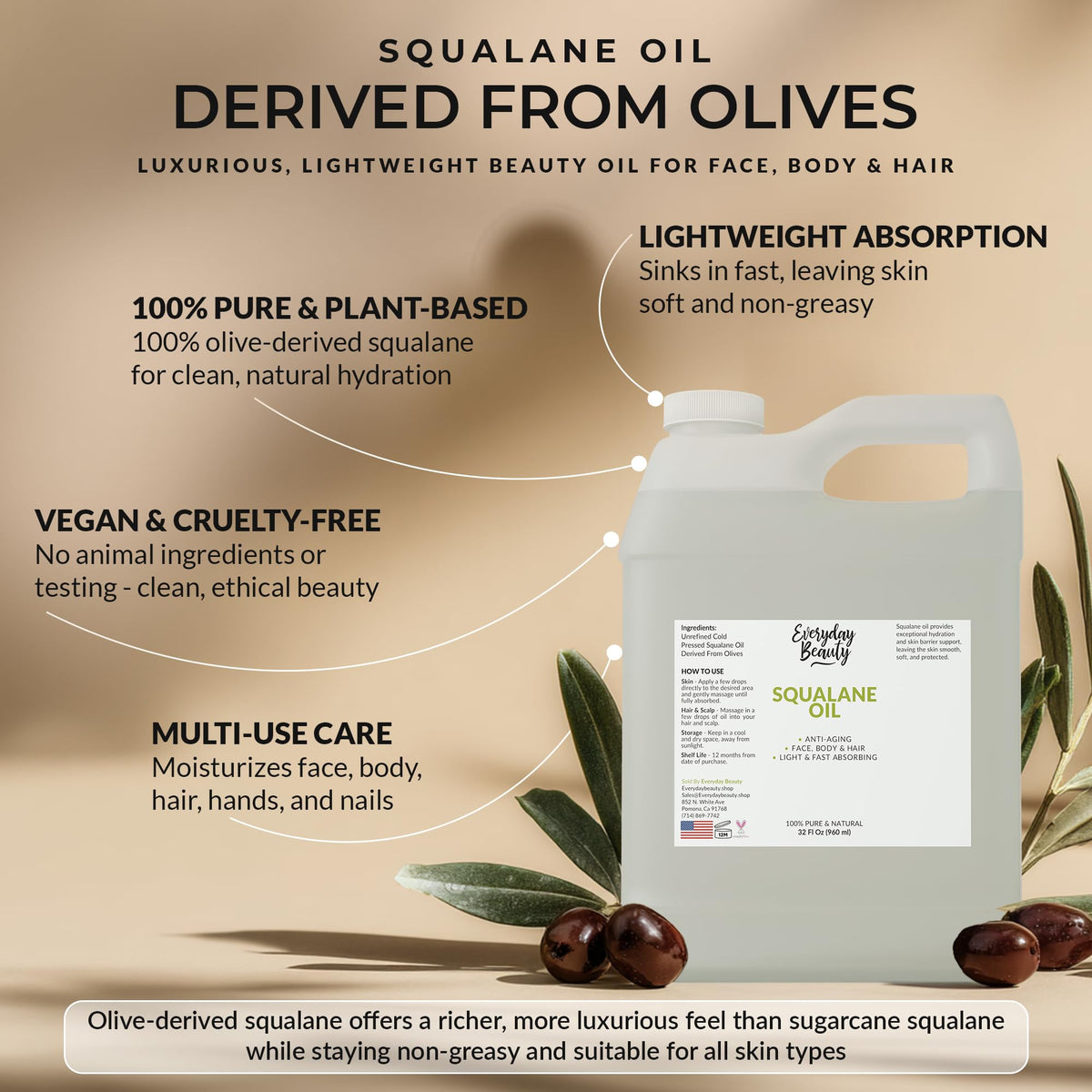 100% Pure Olive-Derived Squalane Oil for Skin & Hair