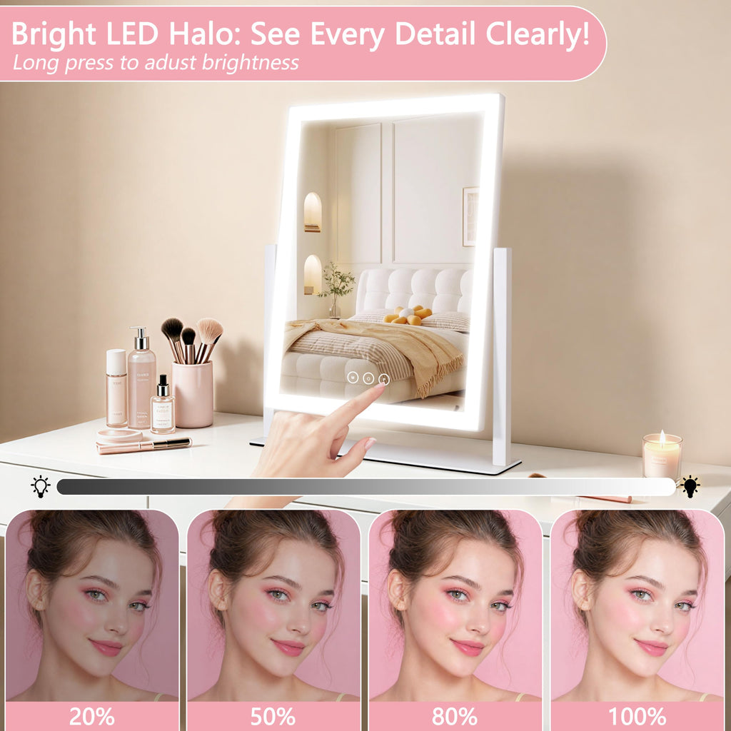 Lighted Vanity Makeup Mirror with 3 Color Modes, Dimmable, 360° Rotation
