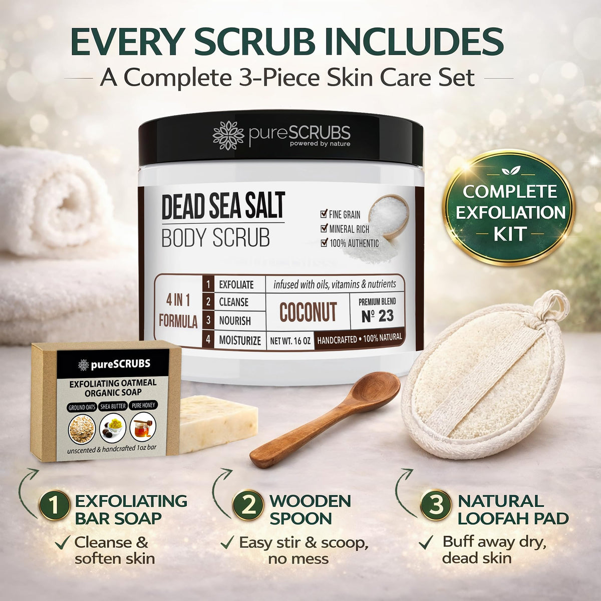 pureSCRUBS Premium Dead Sea Salt Body Scrub Set with Loofah, Soap & Spoon