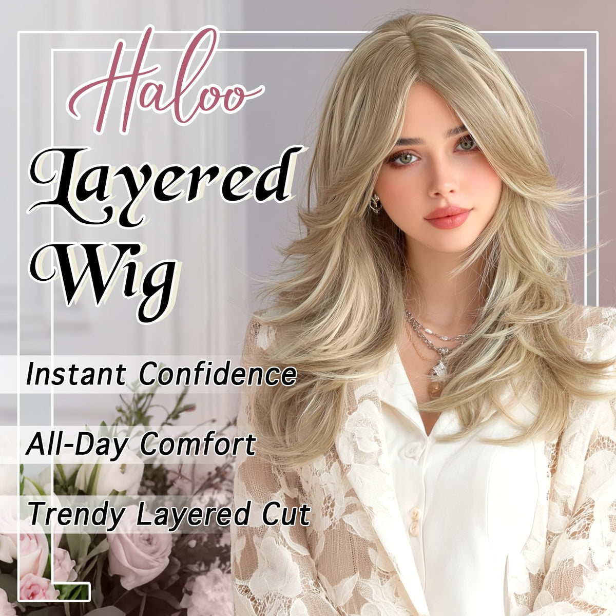 Haloo Layered Lace Front Wig with Curtain Bangs, 20 Inch Synthetic Hair