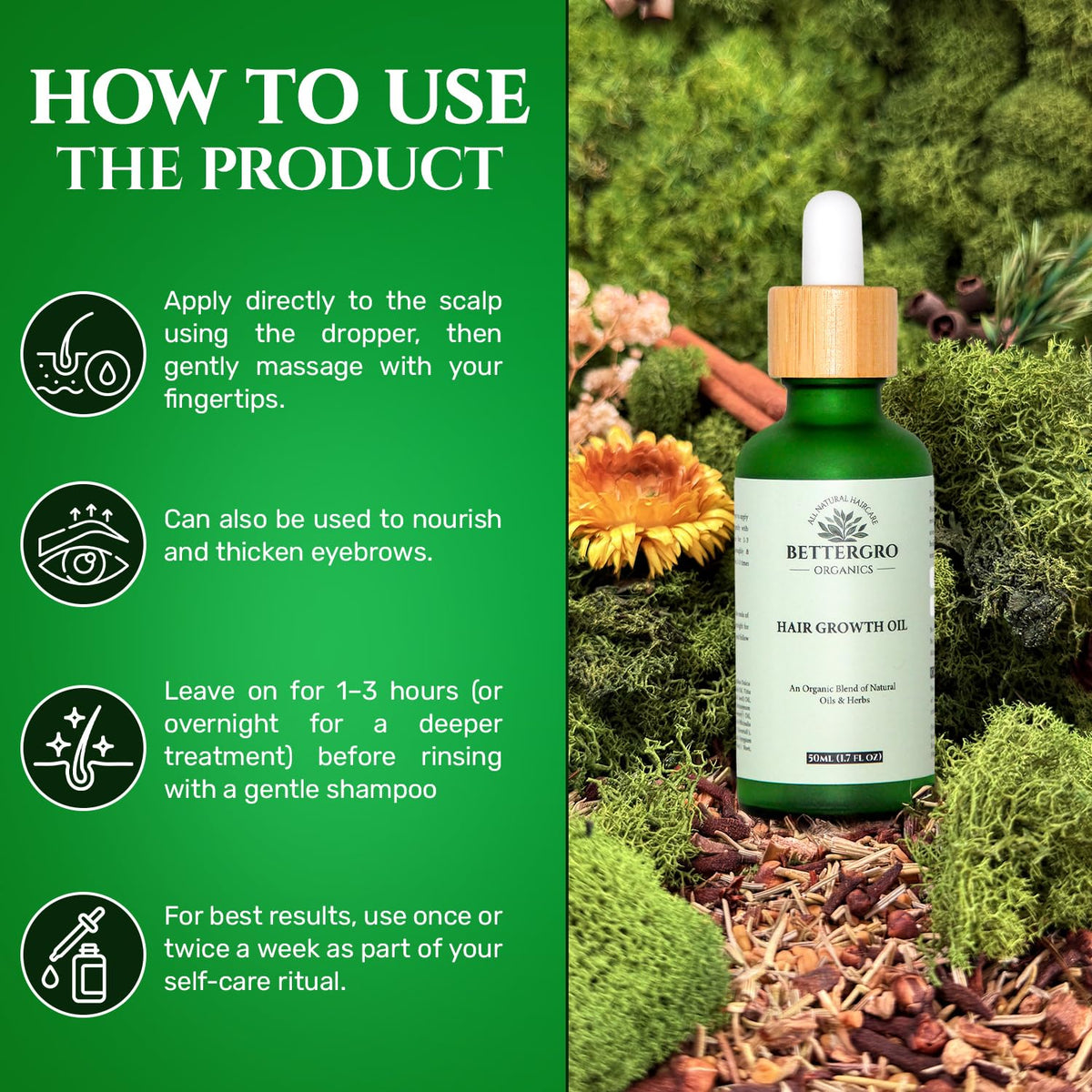 BetterGRO Organic Hair Growth Oil with Rosemary, Amla & Pumpkin Seed, 1.7 fl oz
