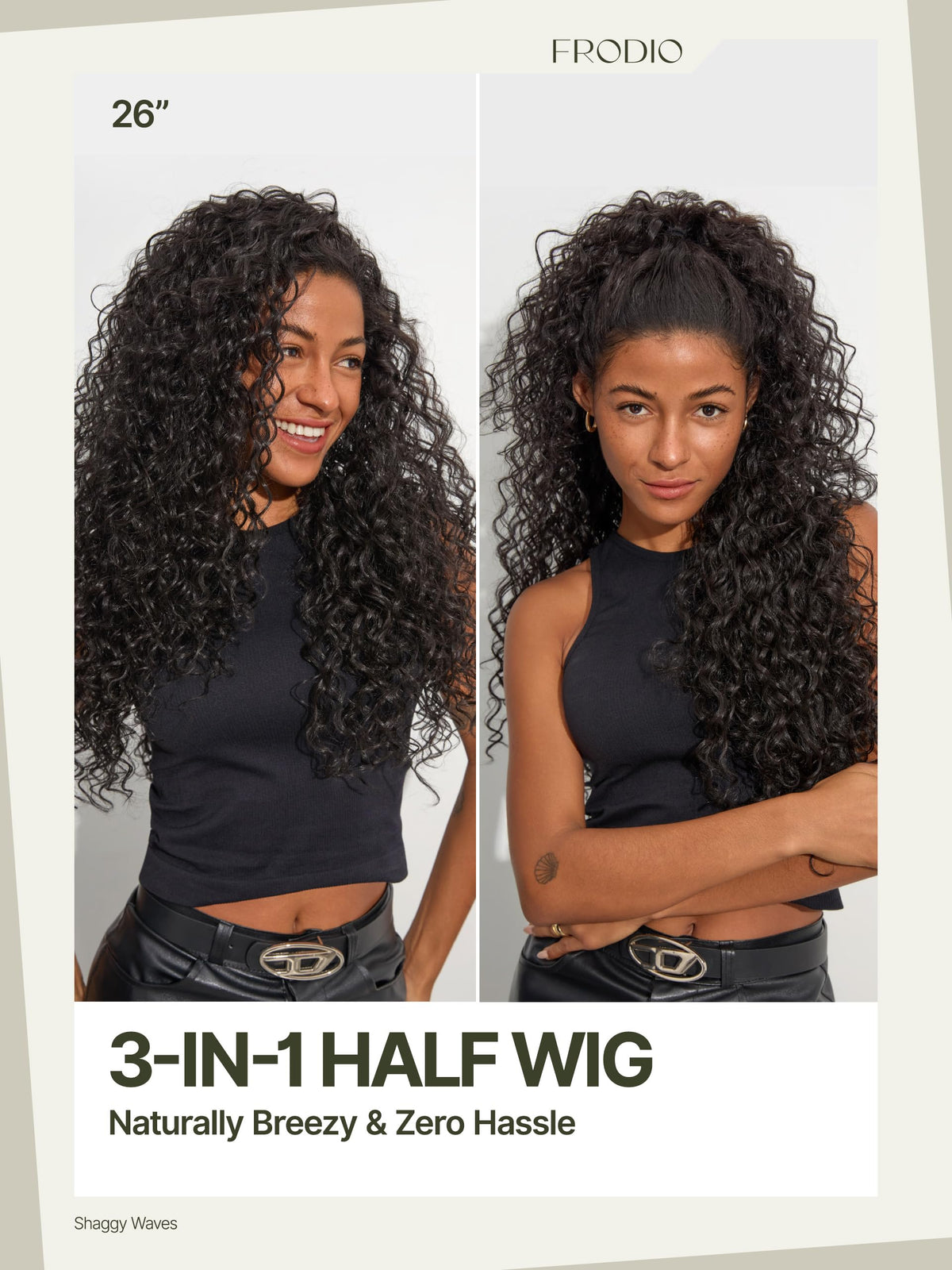 Frodio Curly Half Wig 26 Inch 3-in-1 Human Hair Blend Headband Wig