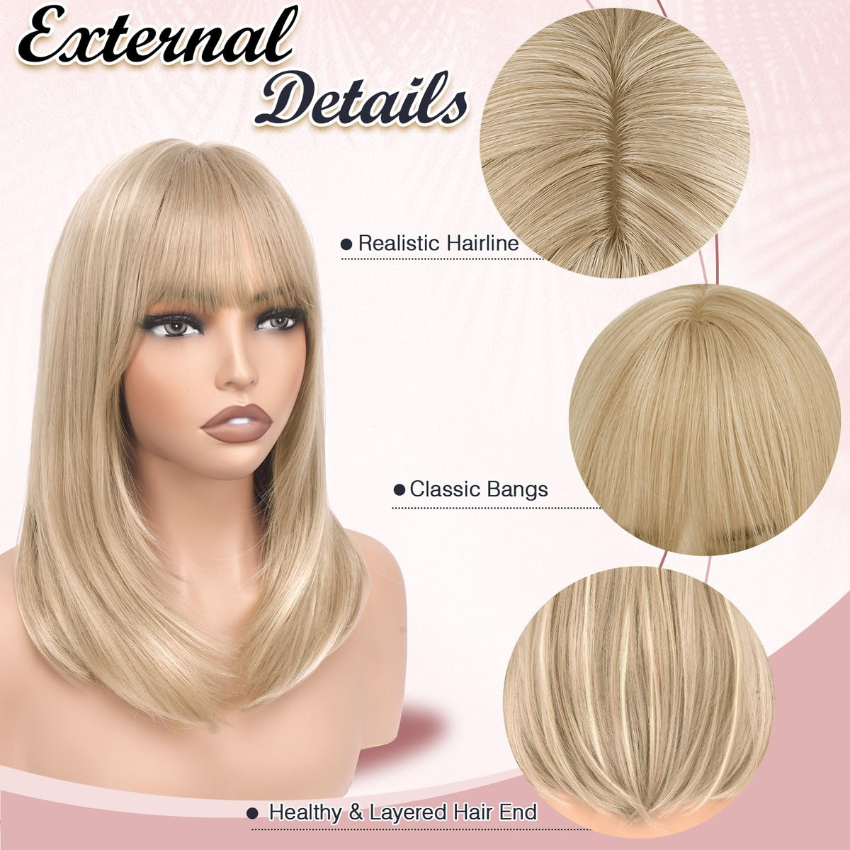 Haloo Shoulder-Length Bob Wig with Bangs, Straight Heat-Resistant Synthetic Hair