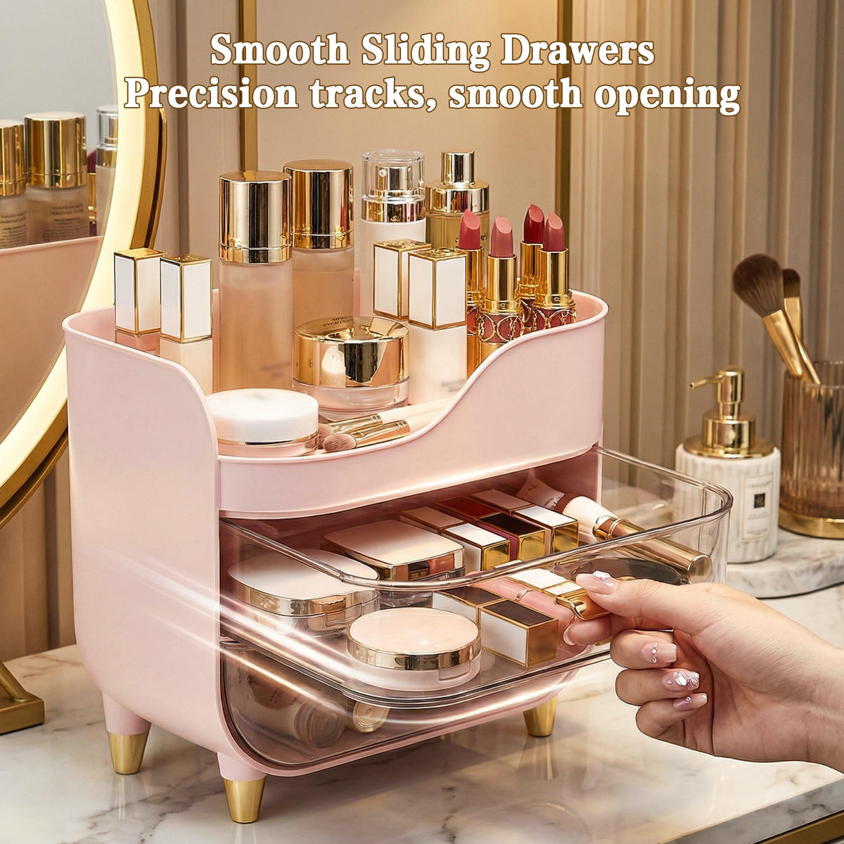 Pink Makeup Organizer with Large Smooth-Glide Drawers