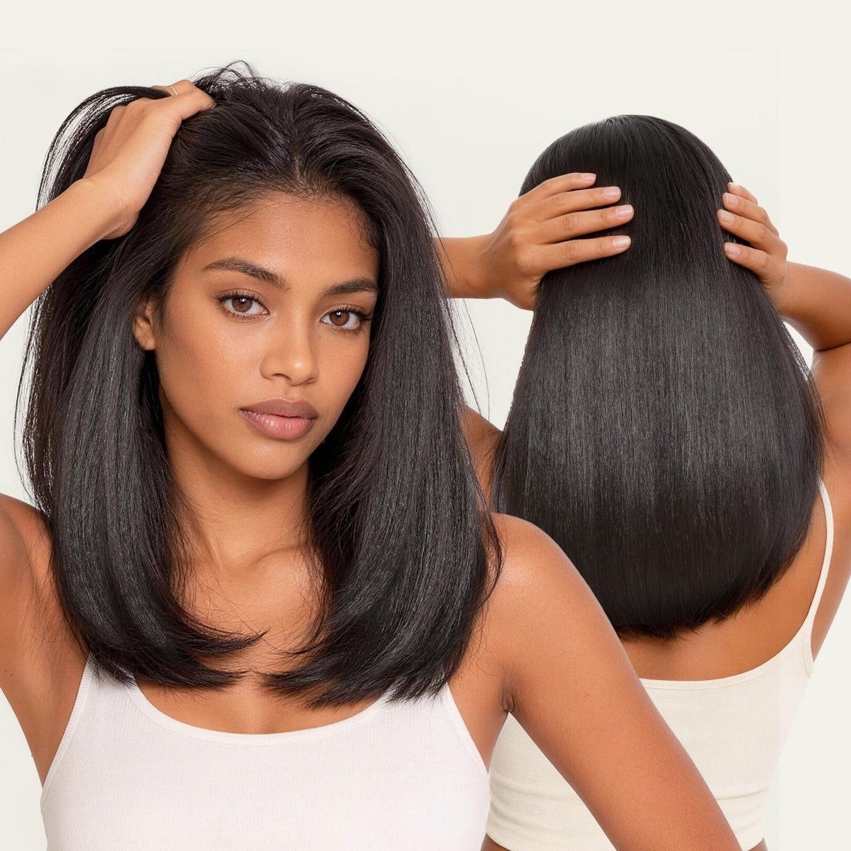 Frodio Veralux Blend Human Hair Yaki Straight Bob Half Wig Natural Black