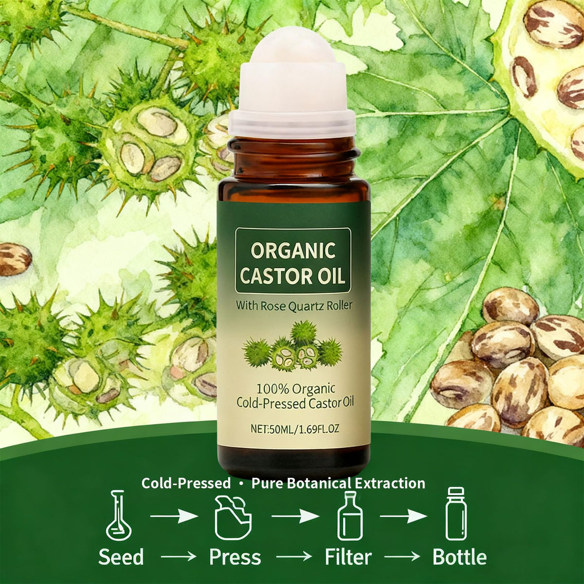 Organic Castor Oil Roll-On with Rose Quartz Roller for Skin, Brows & Lashes
