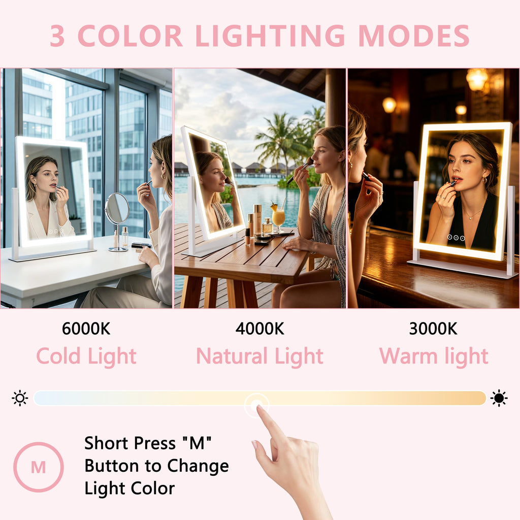 Lighted Vanity Makeup Mirror with 3 Color Modes, Dimmable, 360° Rotation
