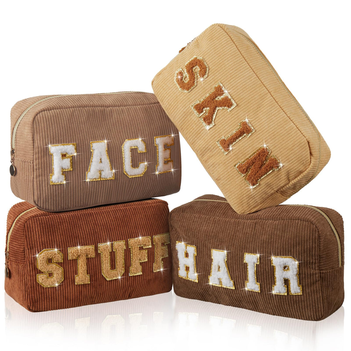 Pinkunn 4-Piece Chenille Letter Cosmetic and Toiletry Bags