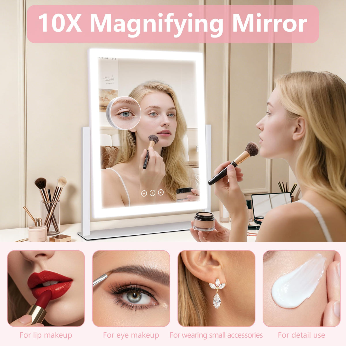 Lighted Vanity Makeup Mirror with 3 Color Modes, Dimmable, 360° Rotation