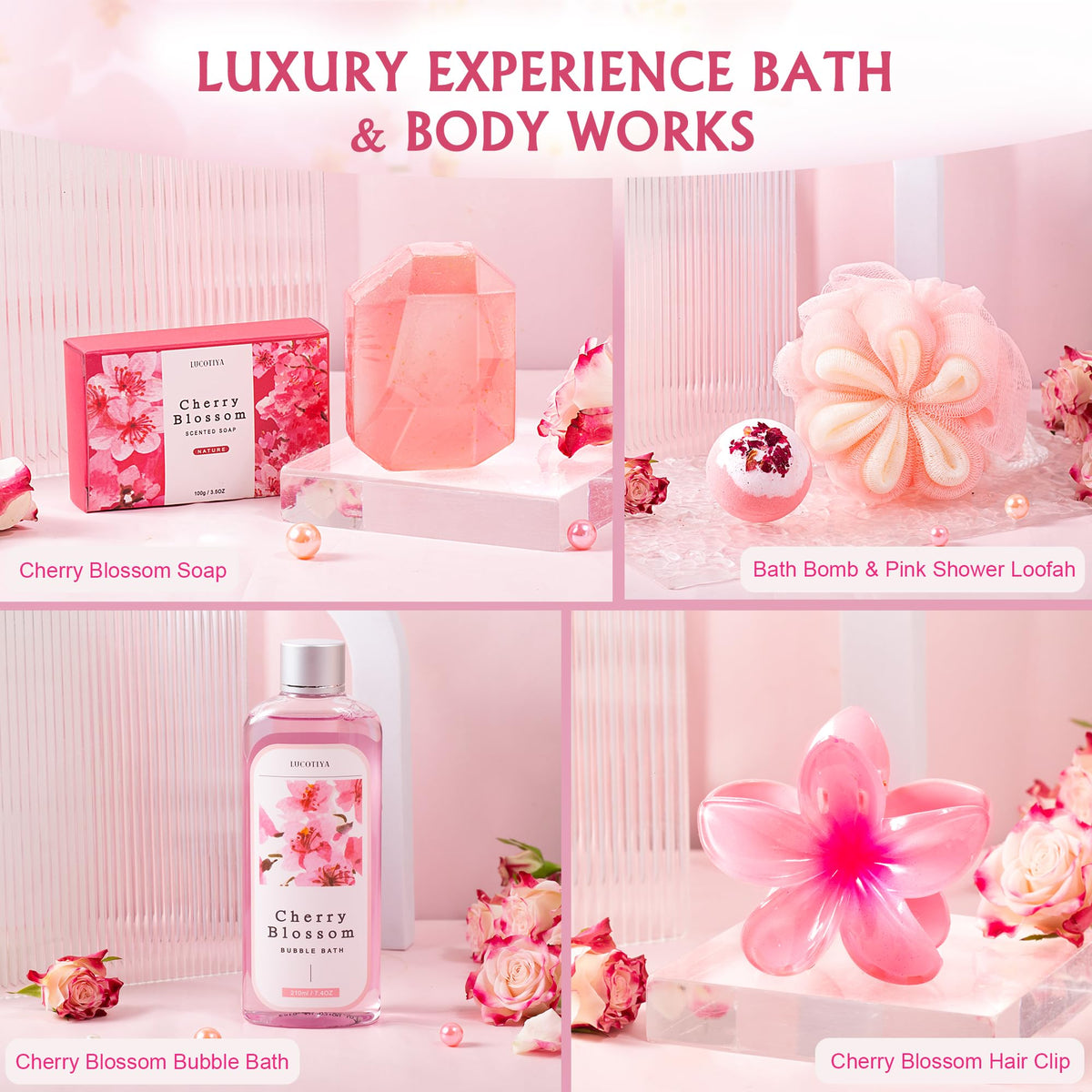 Cherry Blossom Self-Care Gift Basket for Women, 10-Piece Spa Gift Set
