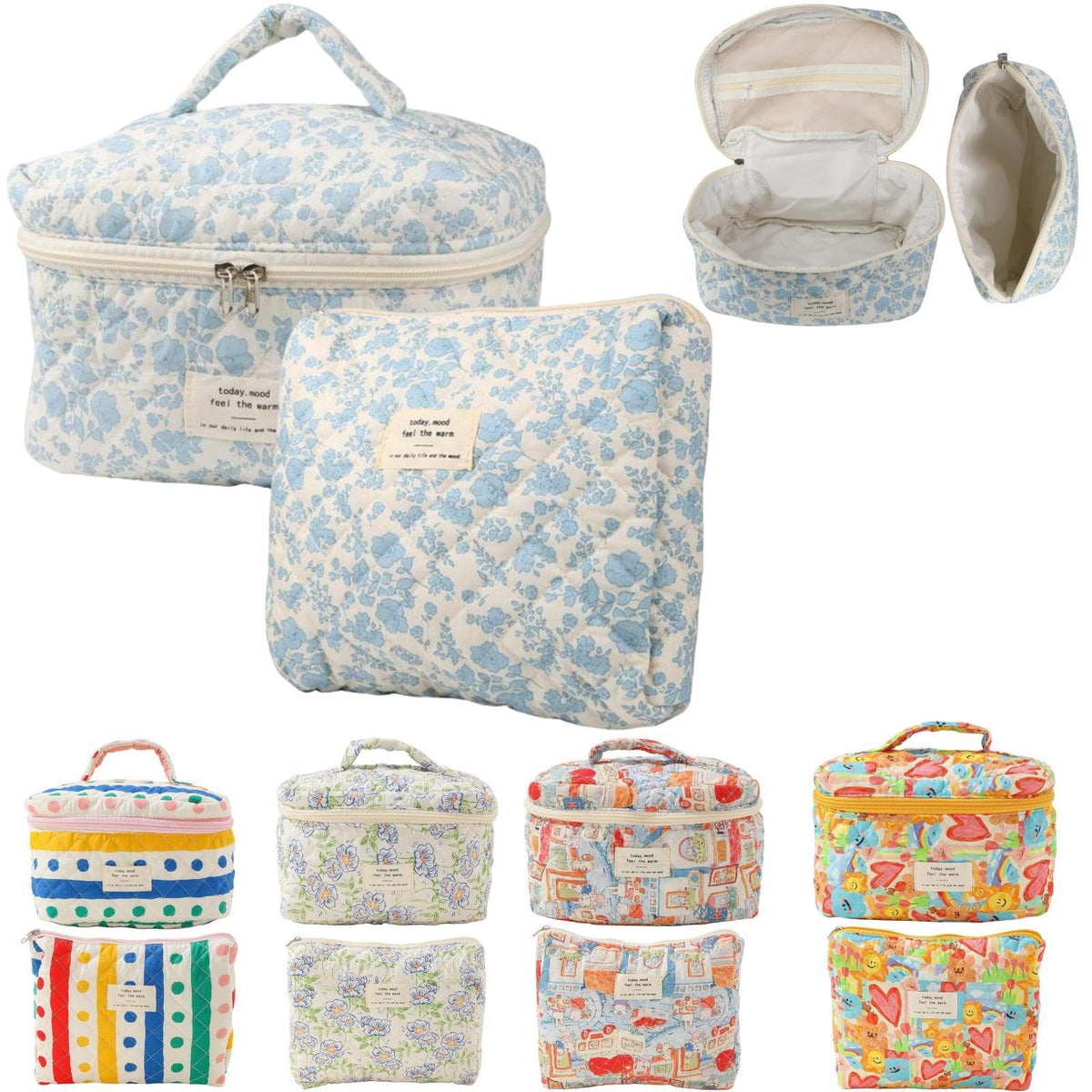Fcteap 2-Piece Quilted Cotton Cosmetic and Toiletry Bag Set