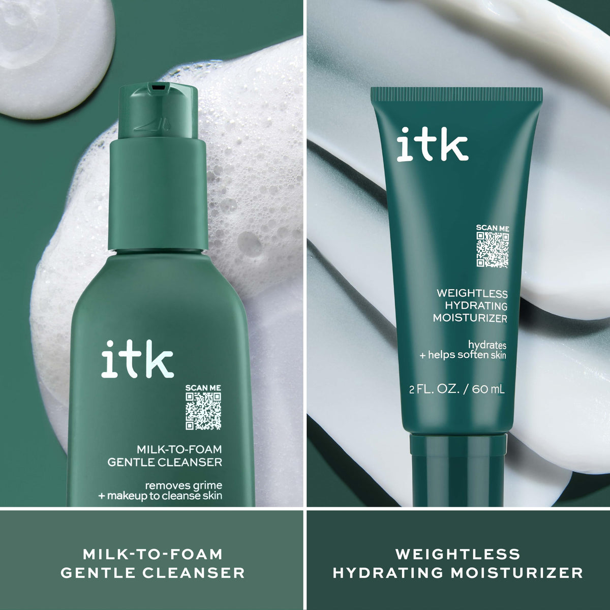ITK Skincare Cleanser + Moisturizer Set with Milk-to-Foam Face Wash