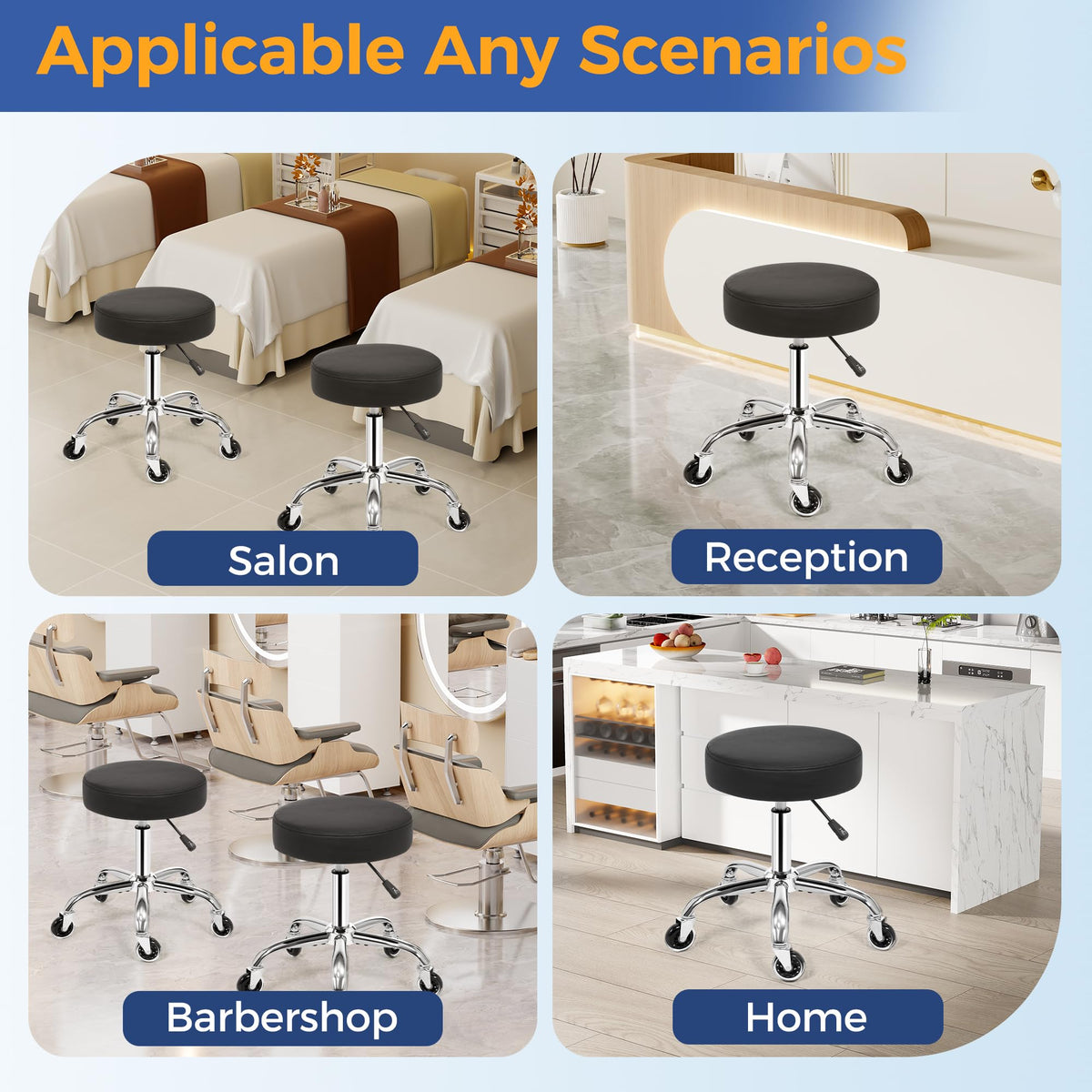 ANWBROAD Round Rolling Stool with Wheels, Adjustable Height, 360° Swivel, PU Leather Seat
