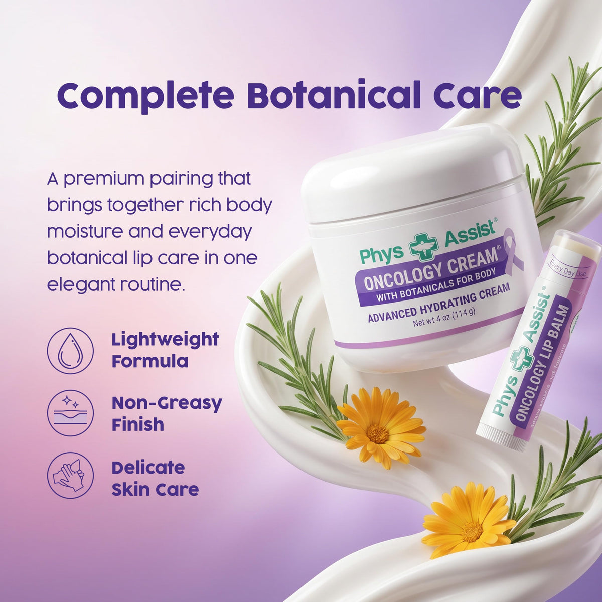 PhysAssist Oncology Botanical Body Cream 4 oz + Lip Balm Set