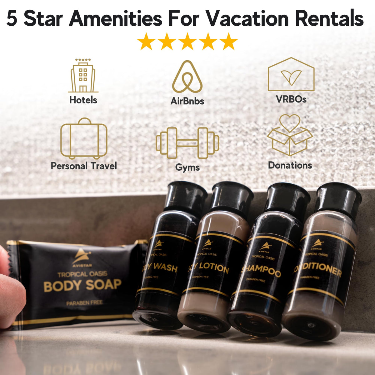 Hotel Toiletries Bulk Set with Shampoo, Conditioner, Soap, Lotion & Body Wash