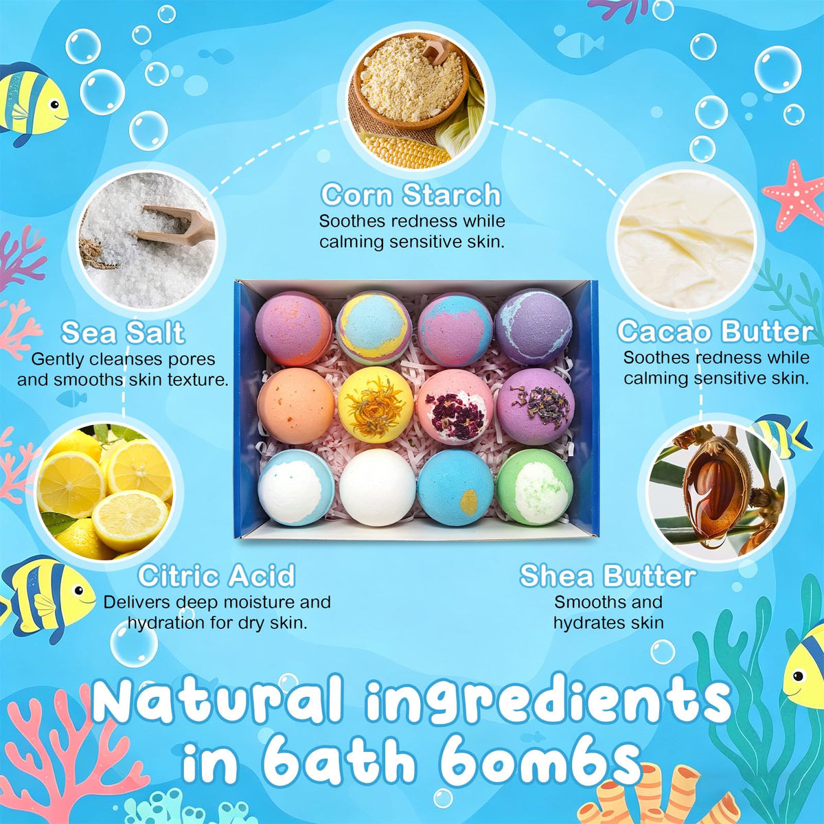 12-Piece Natural Bath Bomb Gift Set with Color-Changing Fizz and Surprises