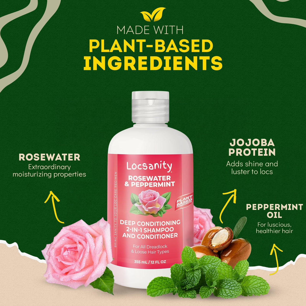 Locsanity Rosewater Peppermint 2-in-1 Shampoo & Conditioner for Locs, 12 fl oz