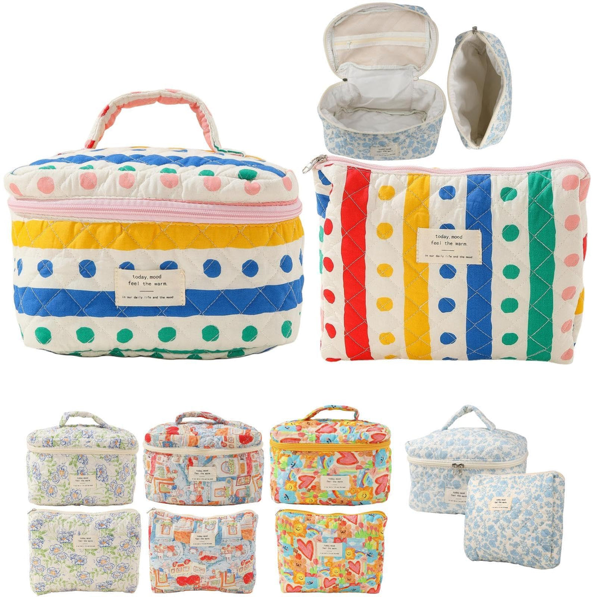 Fcteap 2-Piece Quilted Cotton Cosmetic and Toiletry Bag Set