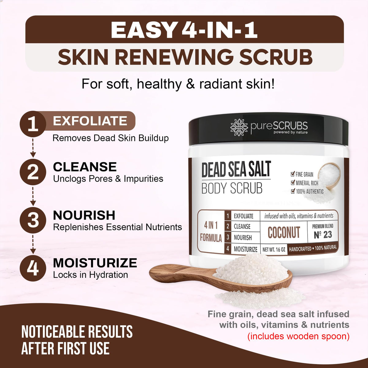 pureSCRUBS Premium Dead Sea Salt Body Scrub Set with Loofah, Soap & Spoon