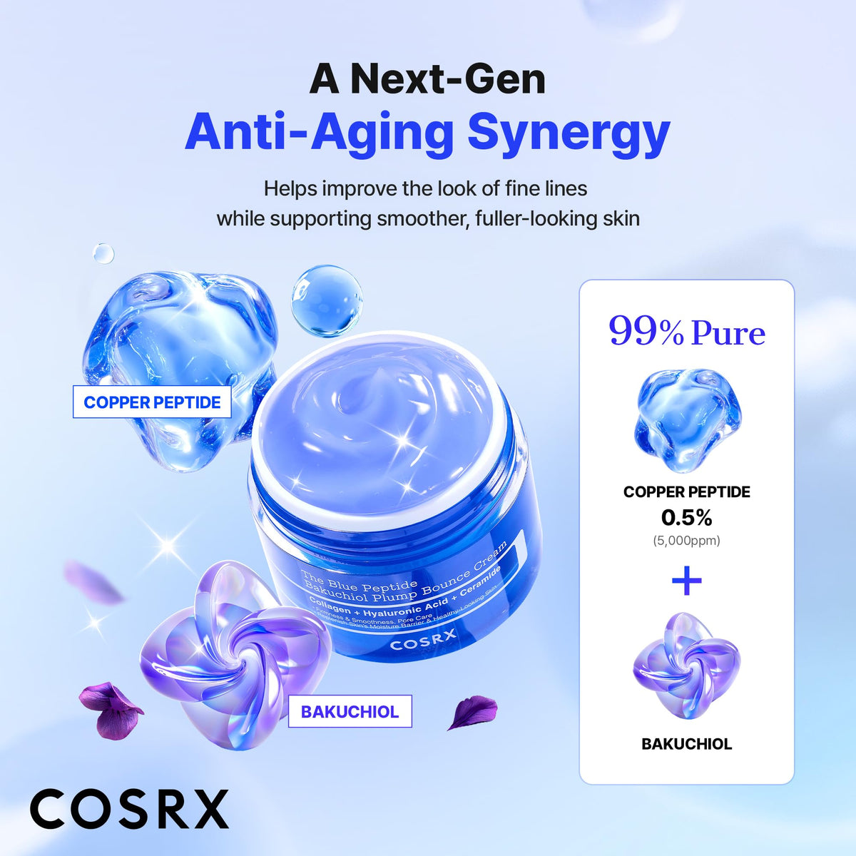 COSRX Blue Copper Peptide Bakuchiol Cream, 1.76 oz Korean Face & Body Moisturizer