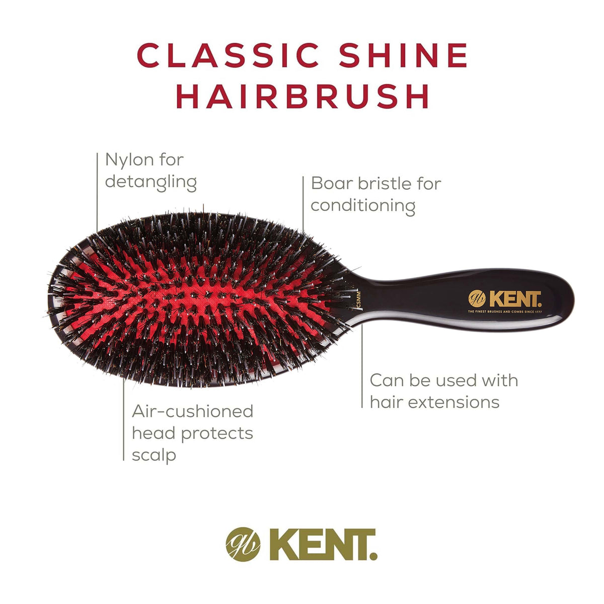 Kent Classic Shine Oval Cushion Hair Brush with Boar Bristles and Nylon Quills