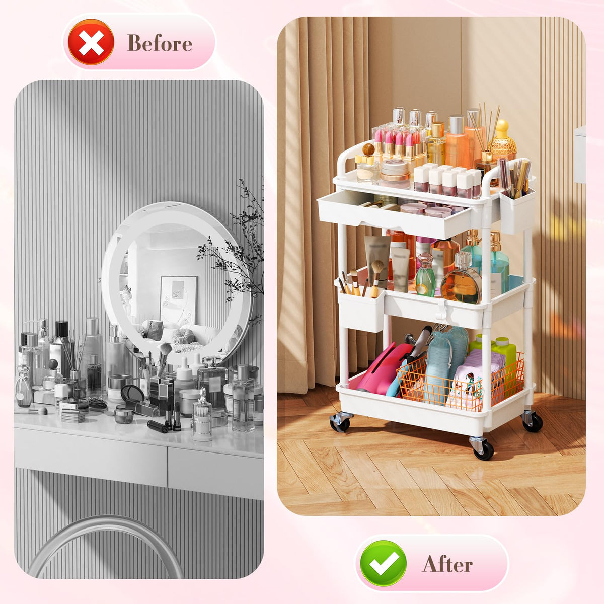 SUNALLY Rolling Makeup Cart Organizer with Drawer