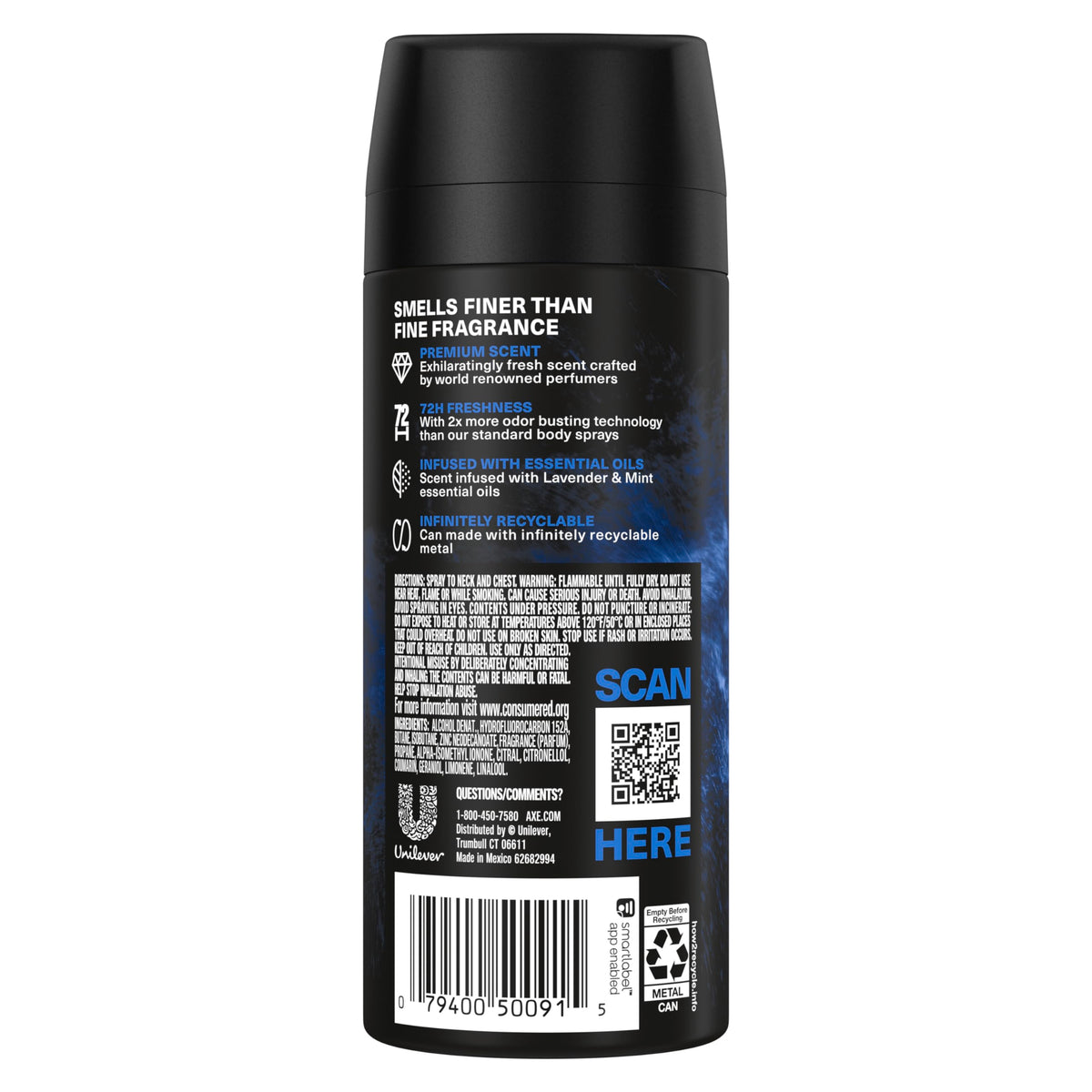 AXE Fine Fragrance Blue Lavender Deodorant Body Spray for Men, 3 Count, 4 oz