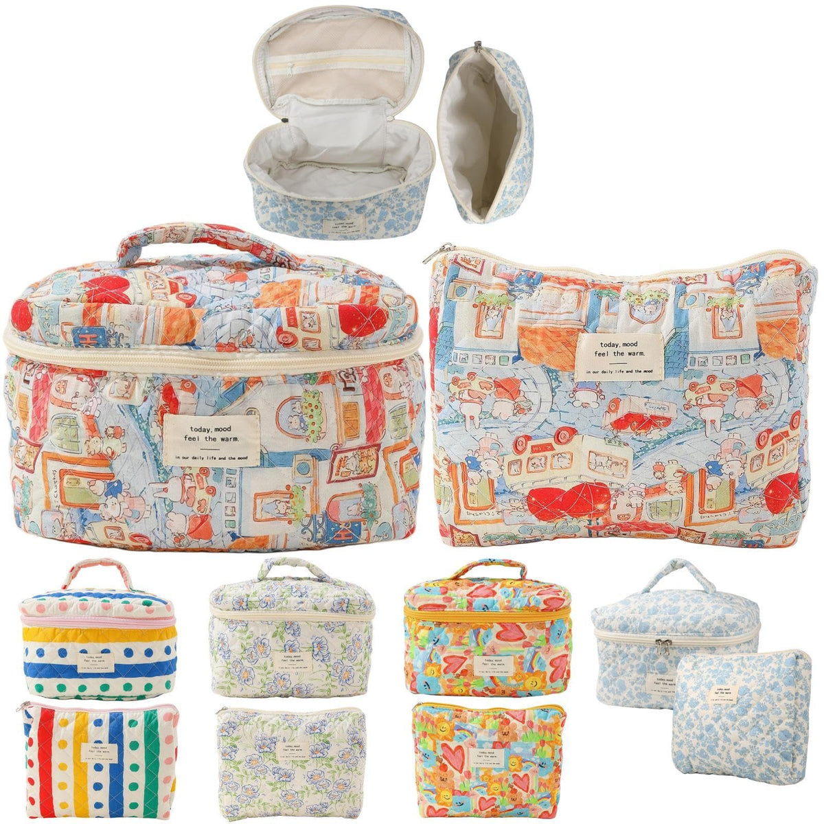 Fcteap 2-Piece Quilted Cotton Cosmetic and Toiletry Bag Set