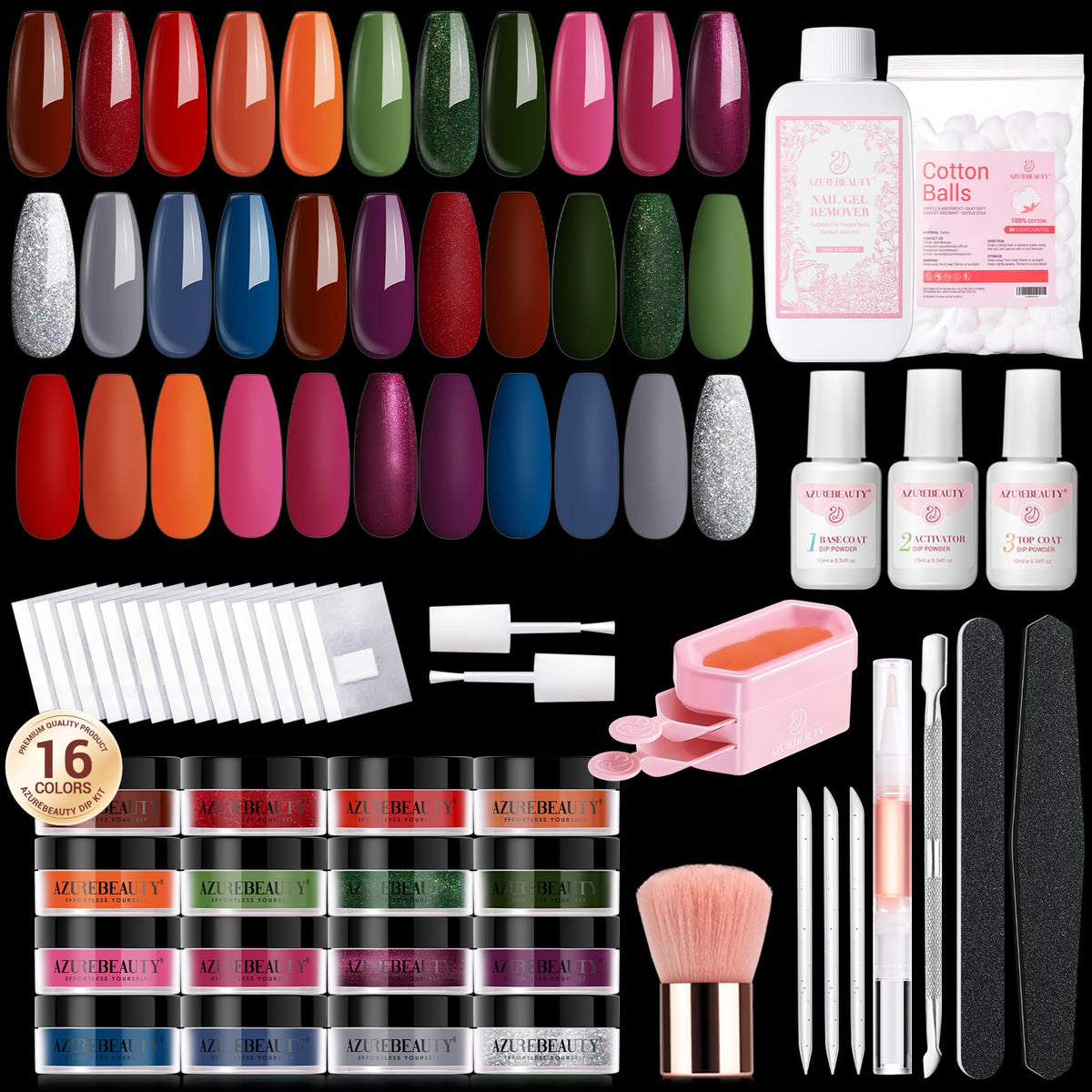 AZUREBEAUTY 130-Piece Dip Powder Nail Kit, 16 Colors with Base & Top Coat
