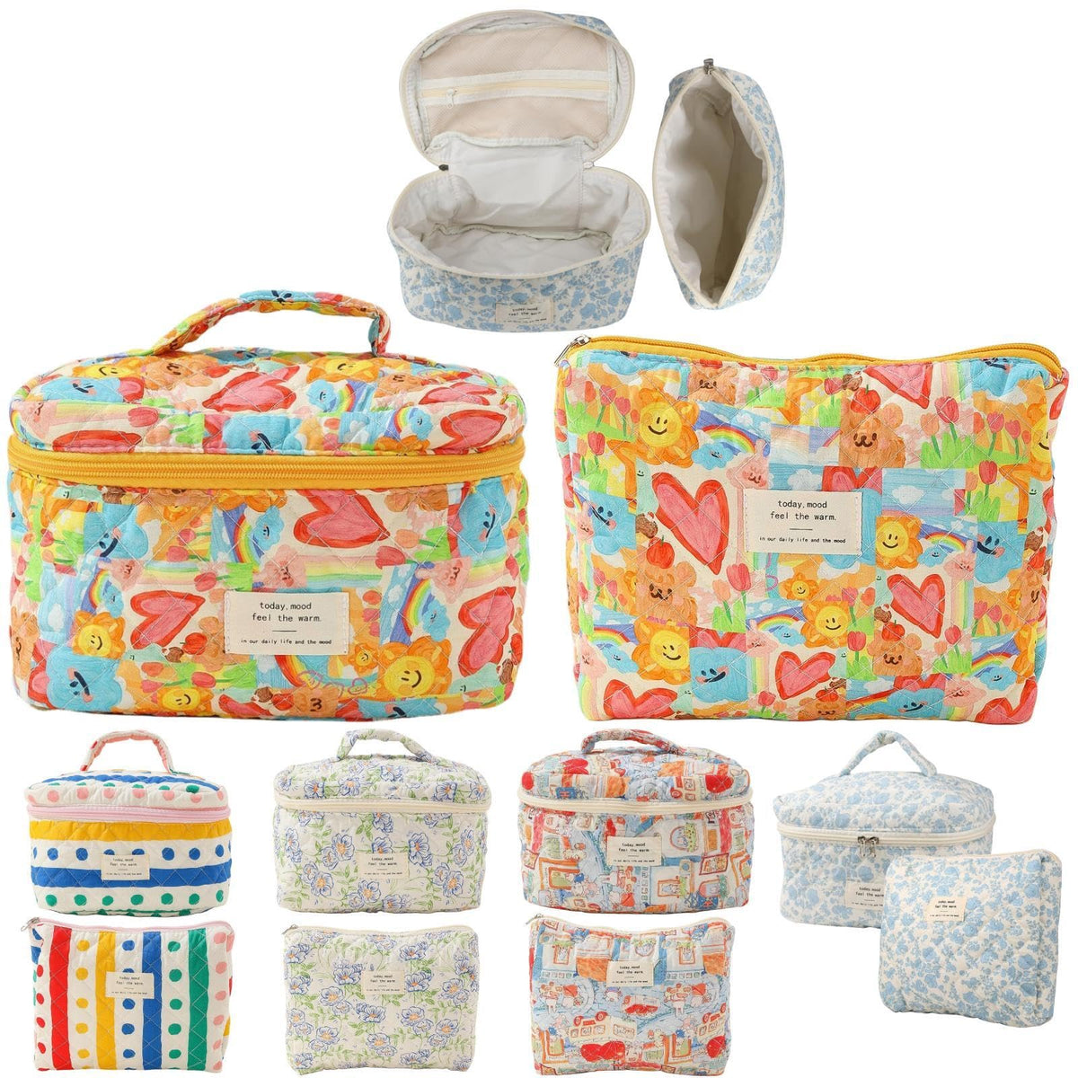 Fcteap 2-Piece Quilted Cotton Cosmetic and Toiletry Bag Set